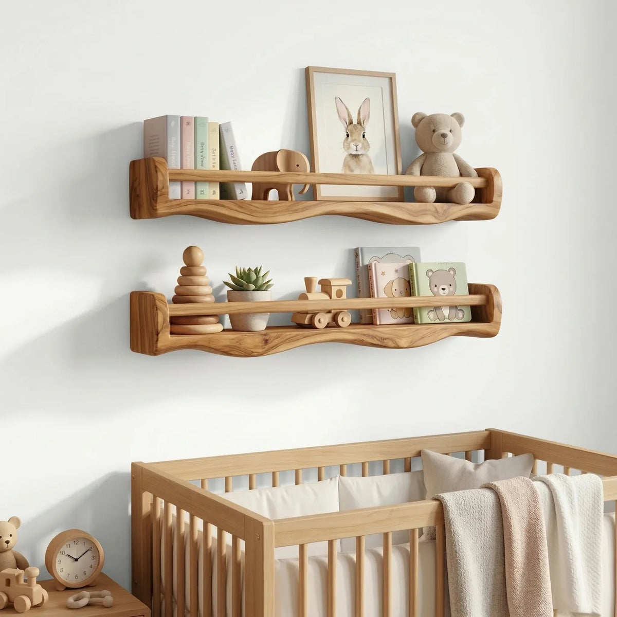 Handgemachte schwebende Holzregale im Babyzimmer mit Büchern, Spielzeug und weichen Dekoartikeln