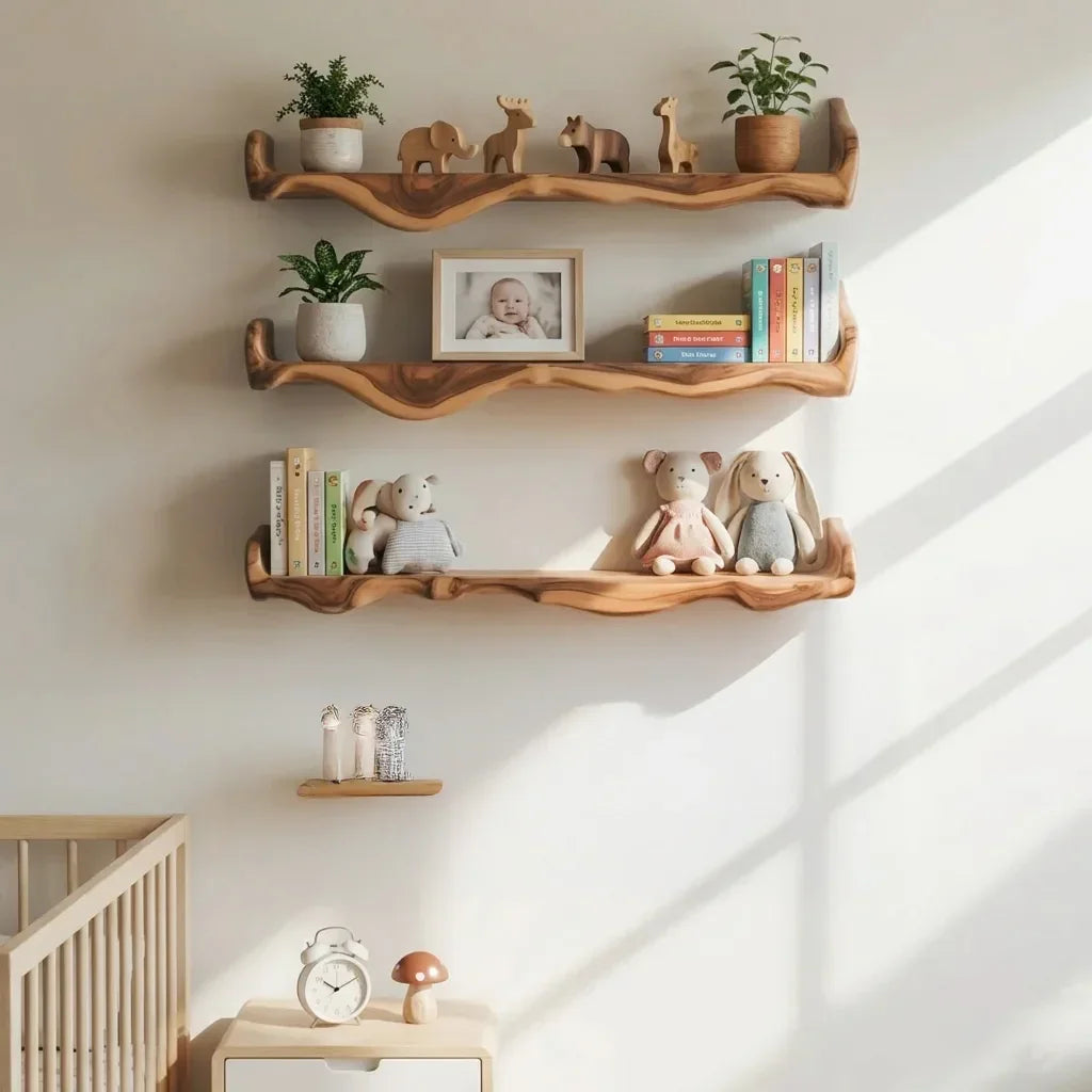 Schwebende Naturholzregale im Babyzimmer mit Babybüchern, Spielzeug und weichen Dekoartikeln