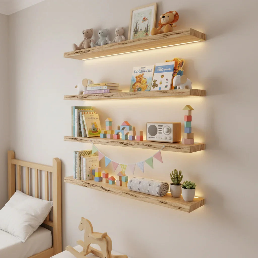 Schwebende Holzregale an der Babyzimmerwand mit Babybüchern und Dekoartikeln
