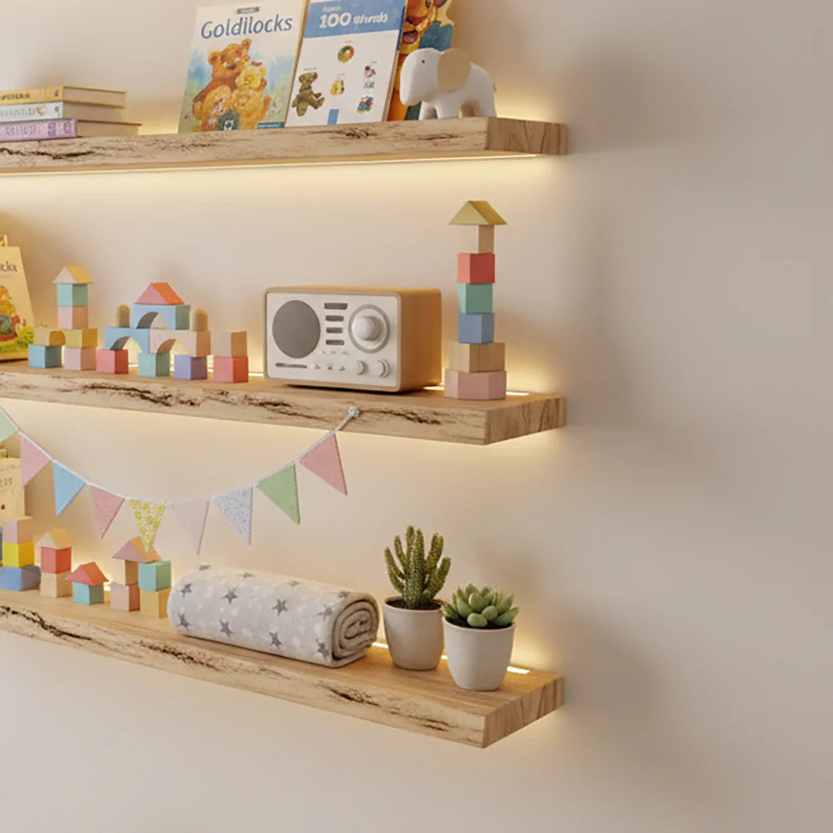 Schwebende Holzregale an der Babyzimmerwand mit Babybüchern und Dekoartikeln