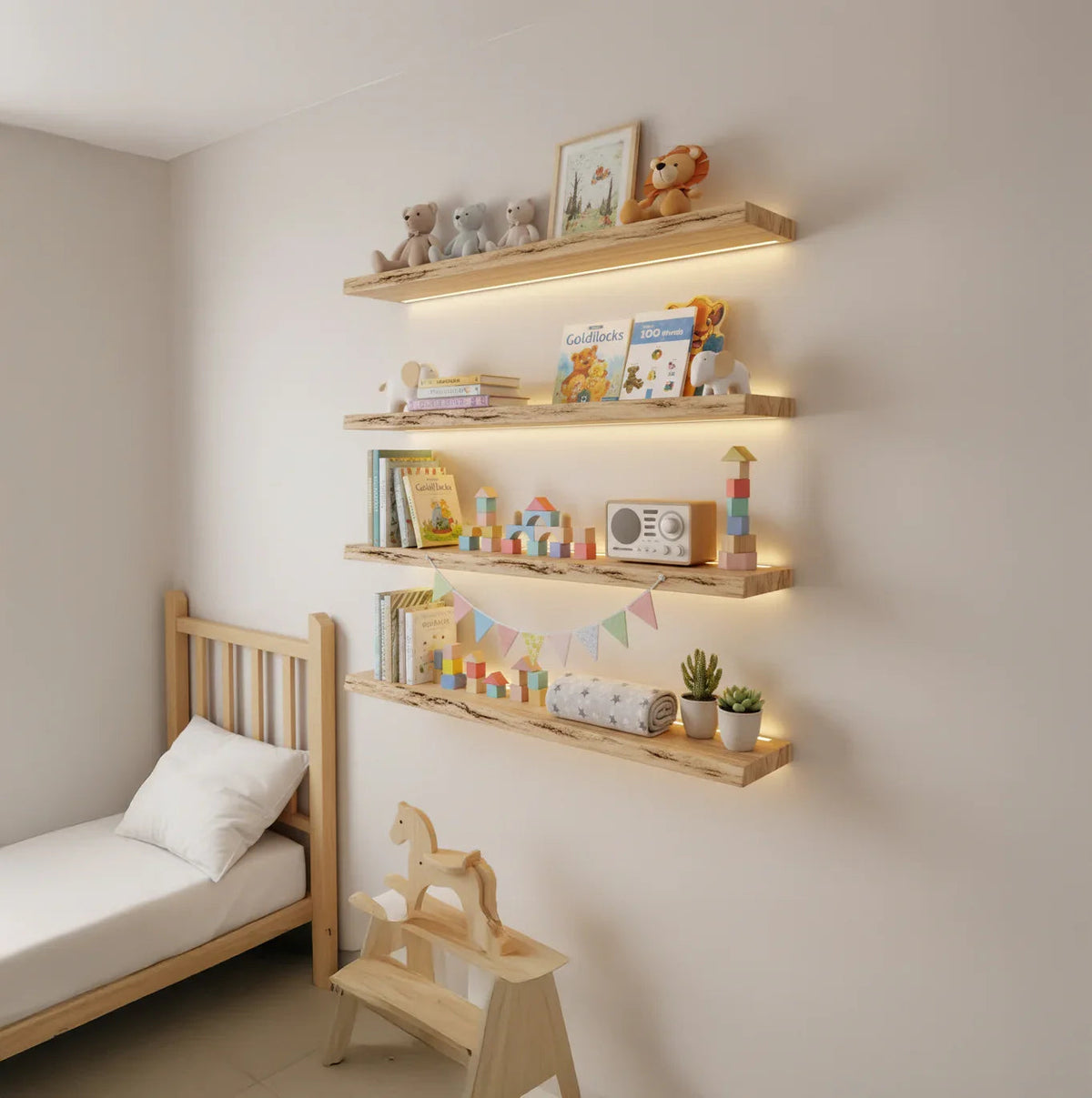Schwebende Holzregale an der Babyzimmerwand mit Babybüchern und Dekoartikeln
