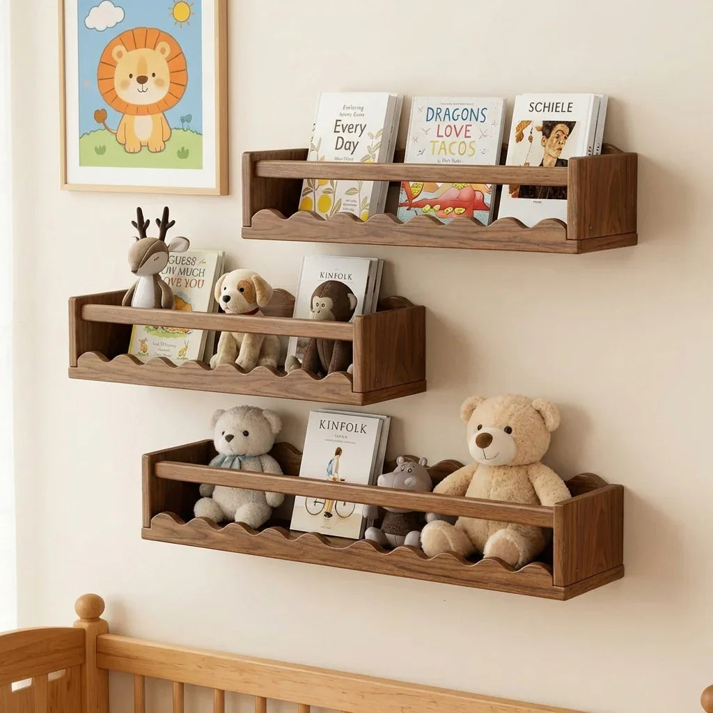 Baumkanten-Babyzimmerregale aus Massivholz mit Büchern und Spielzeug im Kinderzimmer