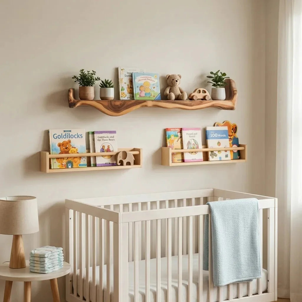 Handgefertigte schwebende Baumkanten-Regale im Babyzimmer mit Büchern, Spielzeug und weichen Dekoartikeln