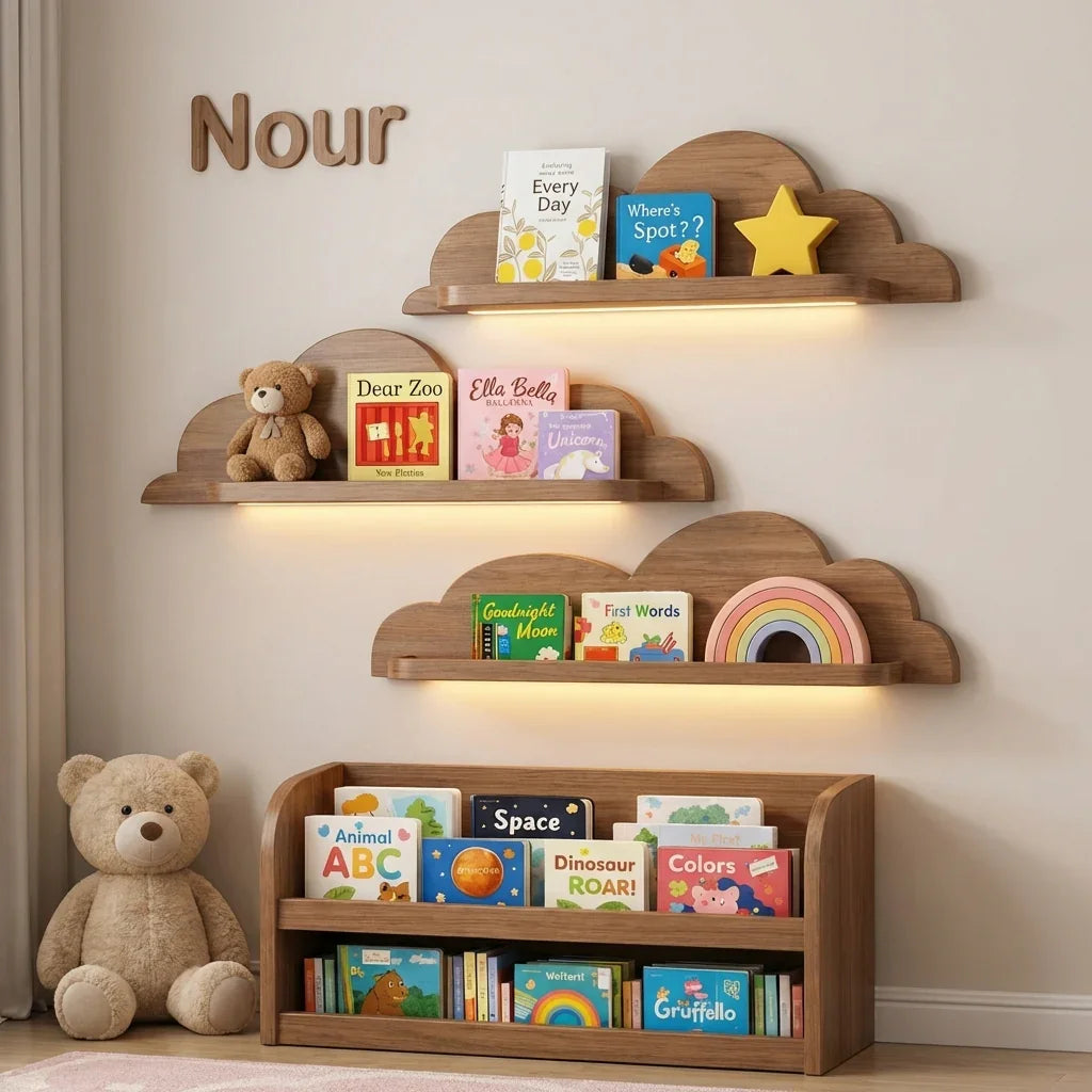 Handgefertigte schwebende Baumkanten-Regale im Babyzimmer mit Büchern, Spielzeug und weichen Dekoartikeln