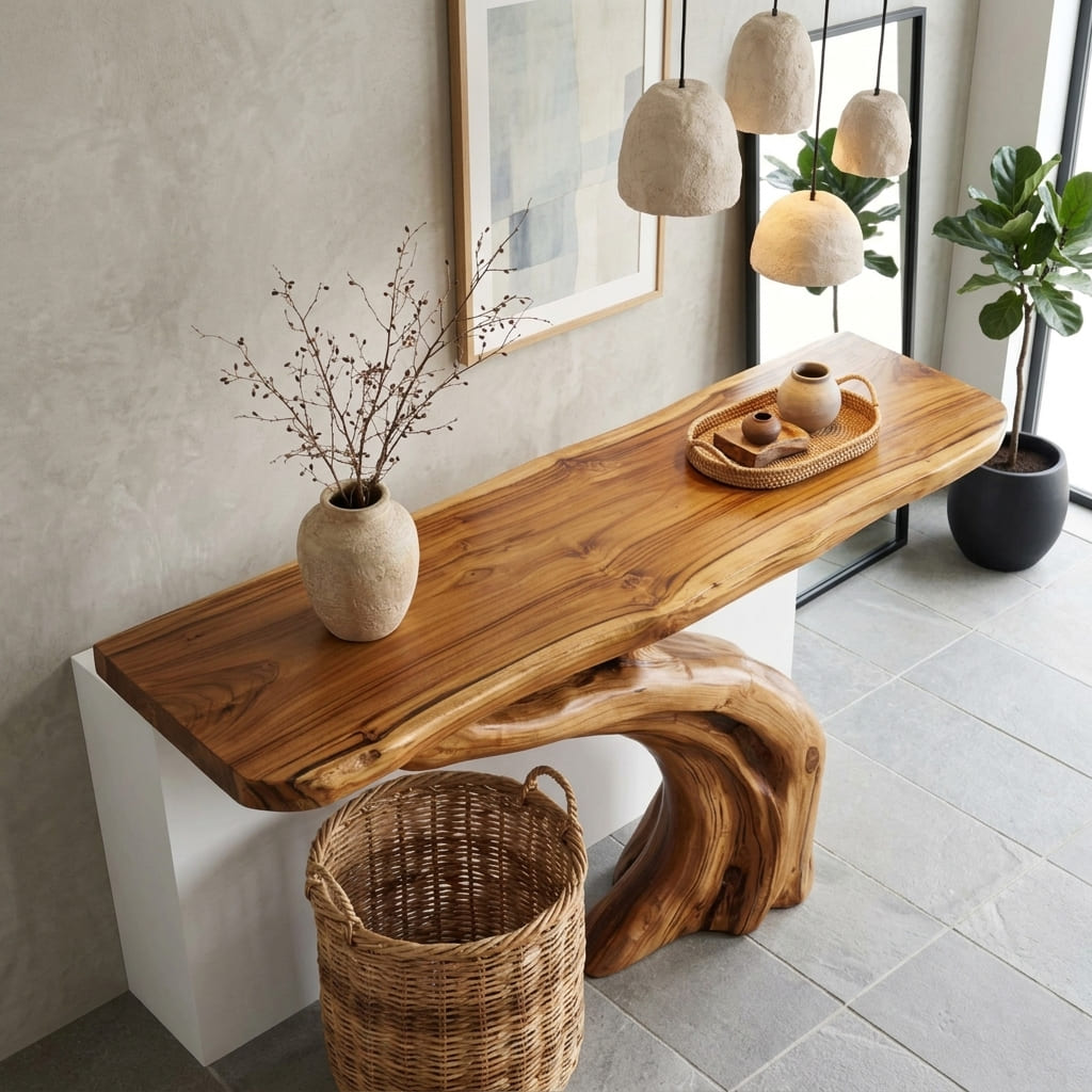 Skulpturaler Holz-Konsolentisch in einem luxuriösen Wohninterieur