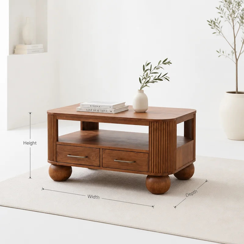 Kannelierter Couchtisch aus Massivholz mit Schubladen & Kugelbeinen
