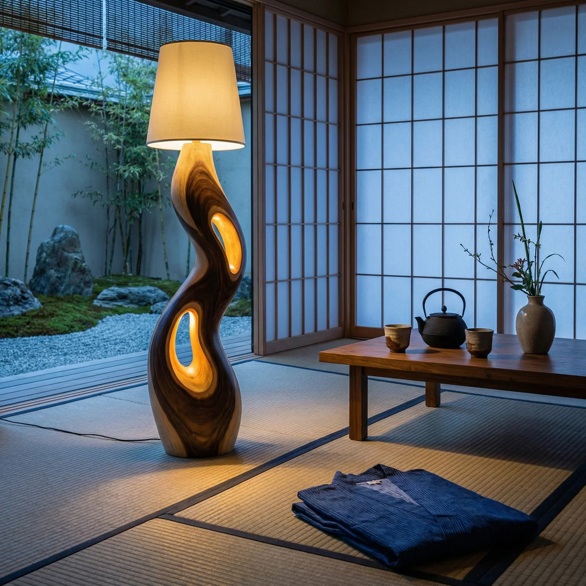 Skulptierte Freiform-Holz-Stehlampe mit dreifacher Öffnung in einem minimalistischen japanischen Wohnzimmer