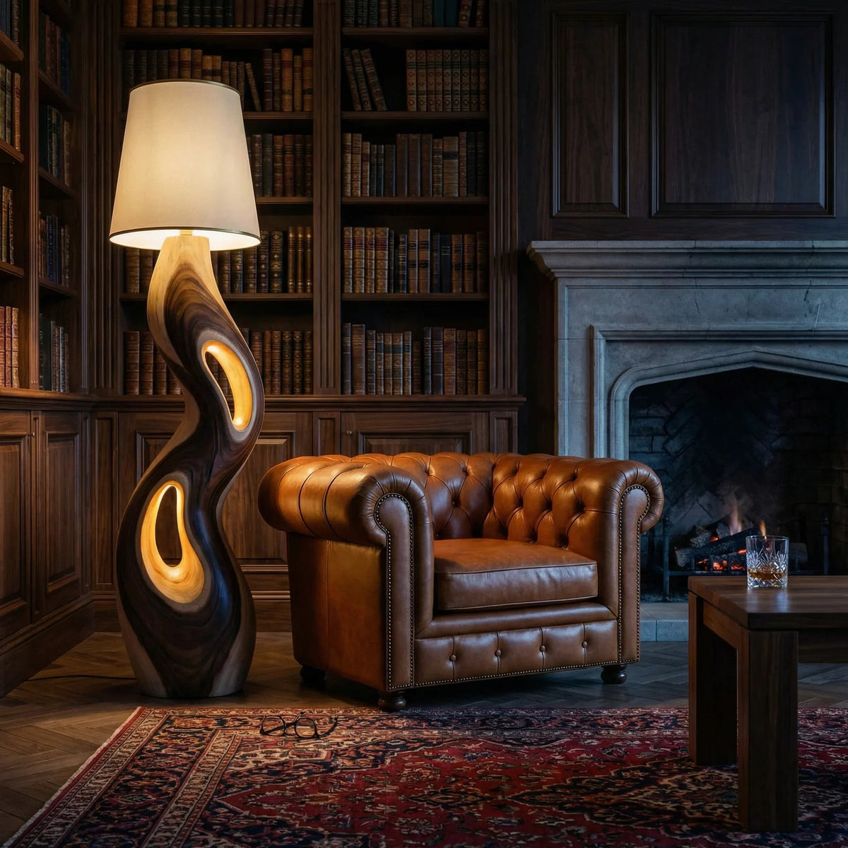 Skulptierte Freiform-Holz-Stehlampe mit dreifacher Öffnung neben einem Ledersessel in einer gemütlichen Bibliothek