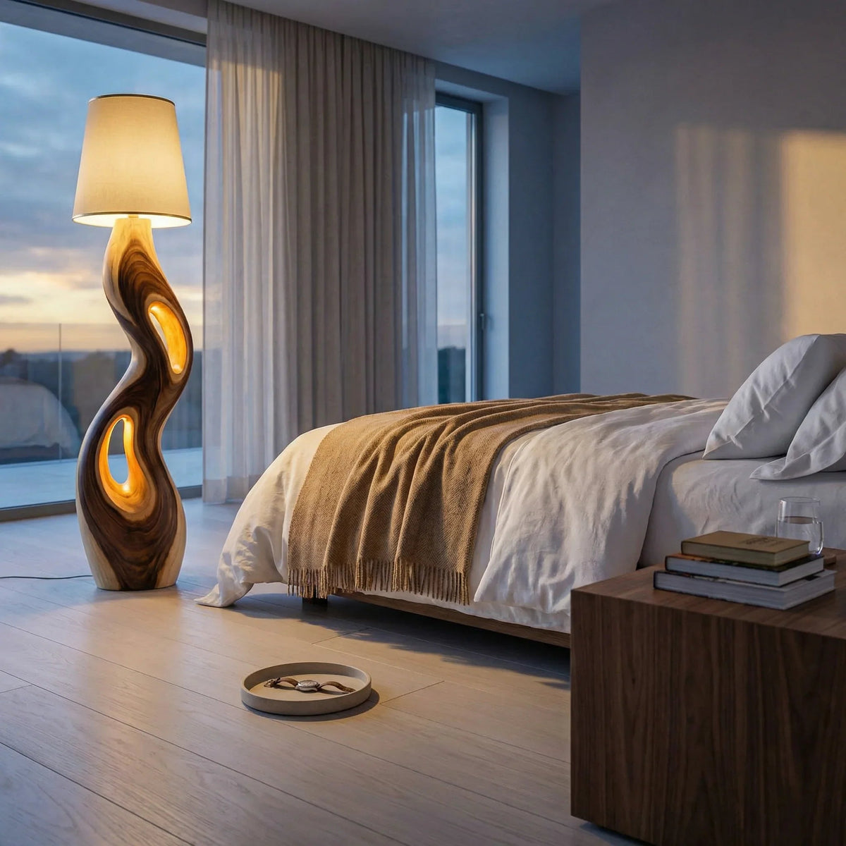 Skulptierte Freiform-Holz-Stehlampe mit dreifacher Öffnung neben einem modernen Bett in einem gemütlichen Schlafzimmer