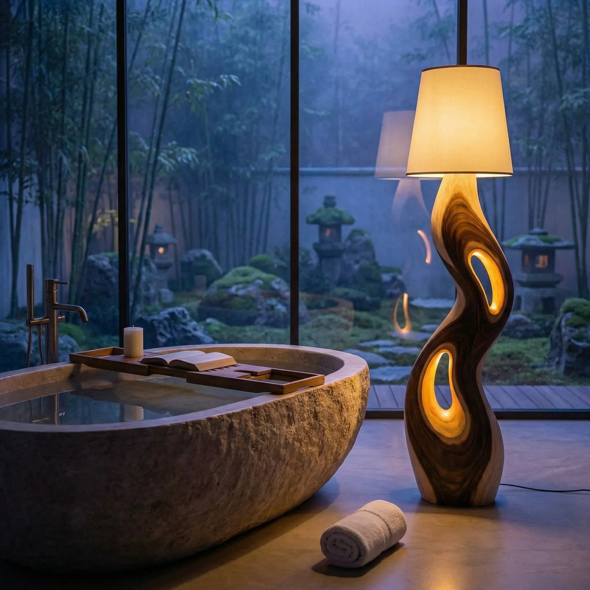 Skulptierte Holz-Stehlampe mit dreifacher Öffnung neben einer Steinbadewanne in einem ruhigen Spa-Badezimmer
