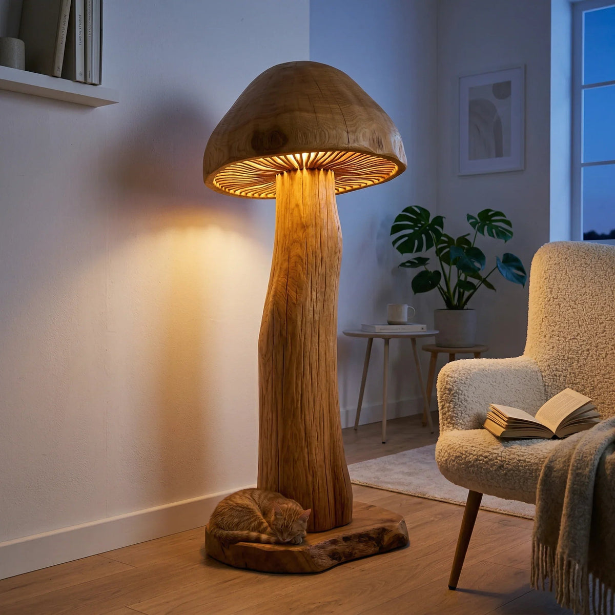 Riesige pilzförmige Stehlampe aus Massivholz mit Lamellendetails, leuchtend in einem gemütlichen Wohnzimmer