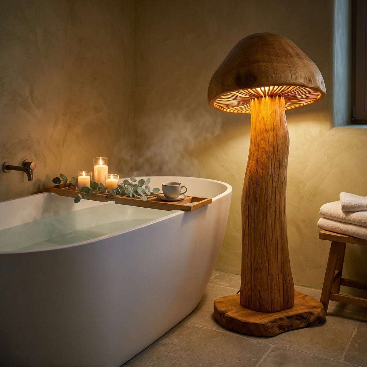 Riesen-Pilz-Stehlampe mit Holzstamm und leuchtenden Lamellen neben einer modernen Badewanne
