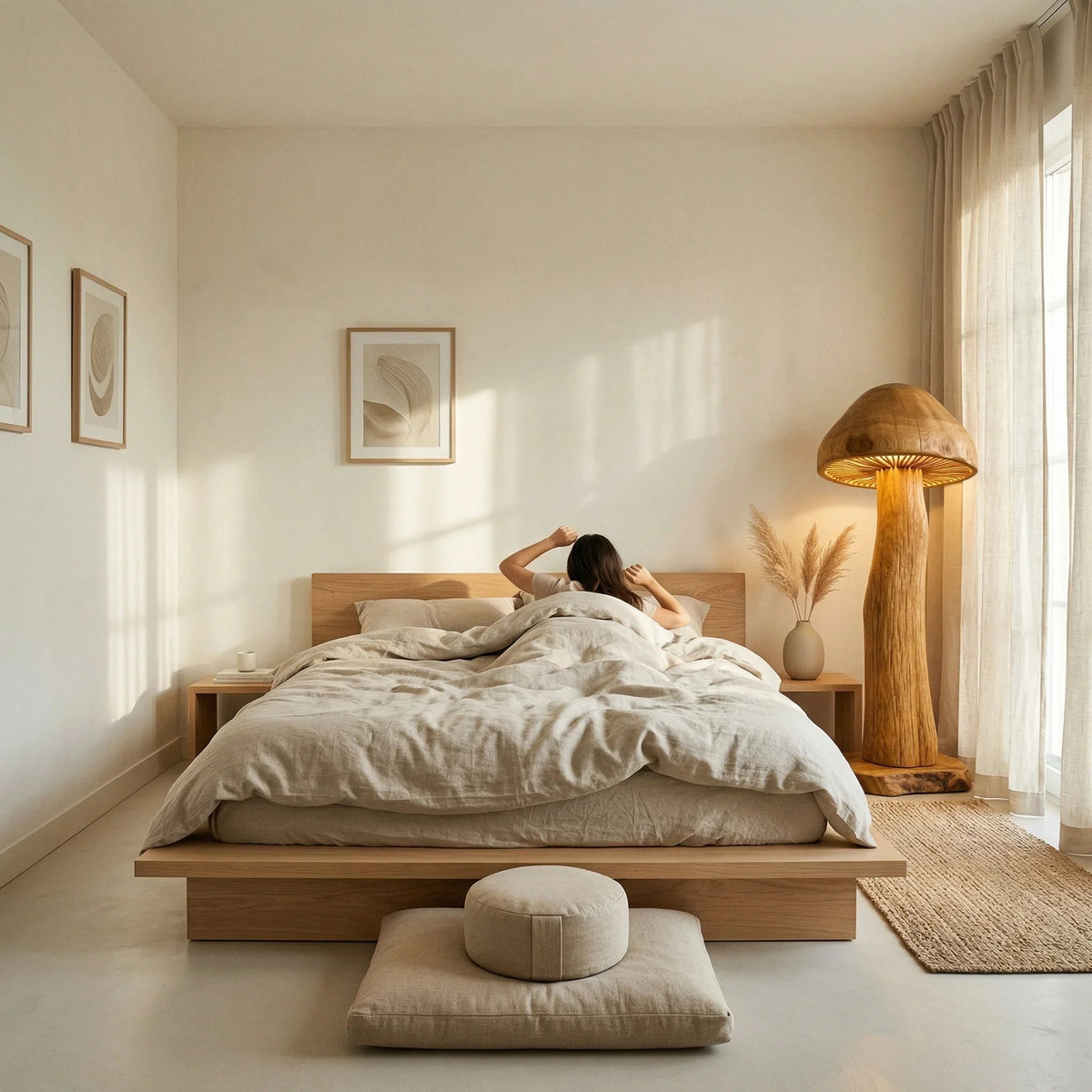 Riesen-Pilz-Stehlampe mit Holzstamm in einem gemütlichen minimalistischen Schlafzimmer