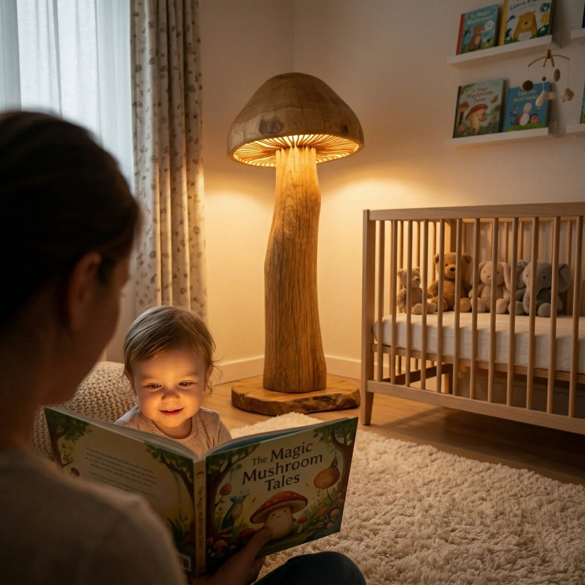 Riesen-Pilz-Stehlampe mit natürlichem Holzstamm, leuchtend in einem gemütlichen Babyzimmer mit Kinderbett und Büchern