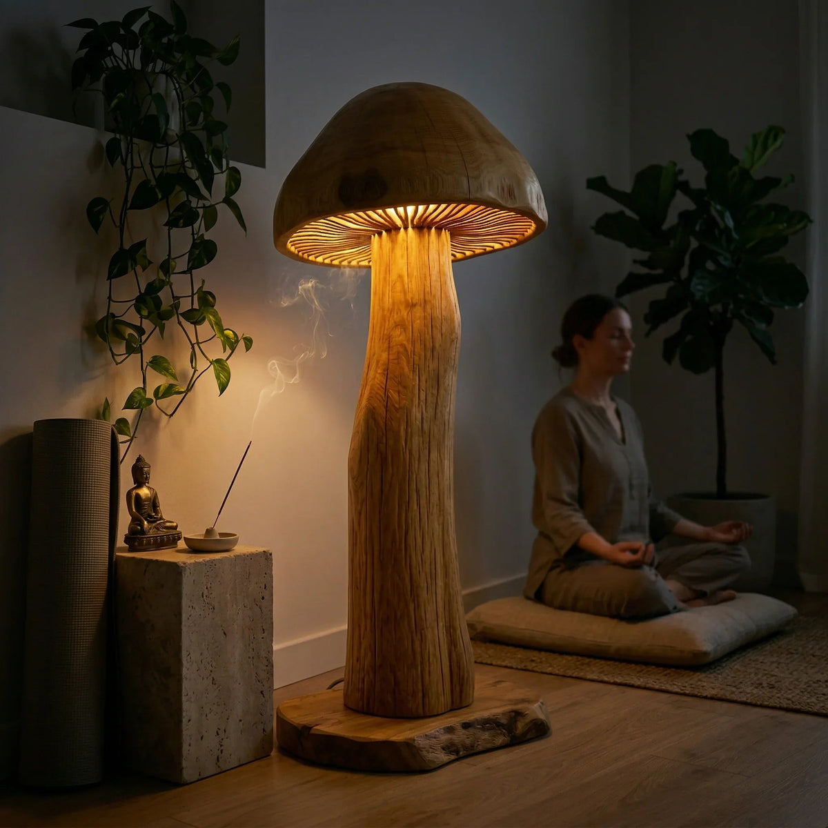 Große Pilz-Stehlampe mit Holzstamm und leuchtenden Lamellen in einem gemütlichen Meditationsraum
