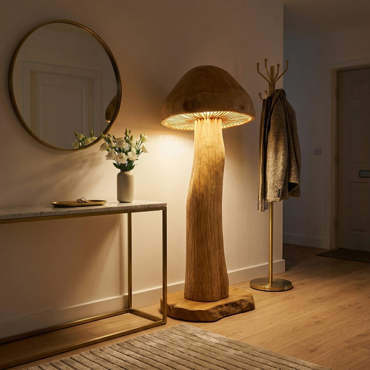 Riesen-Pilz-Stehlampe mit Massivholzstamm in einem modernen Eingangsbereich, warme Ambientebeleuchtung