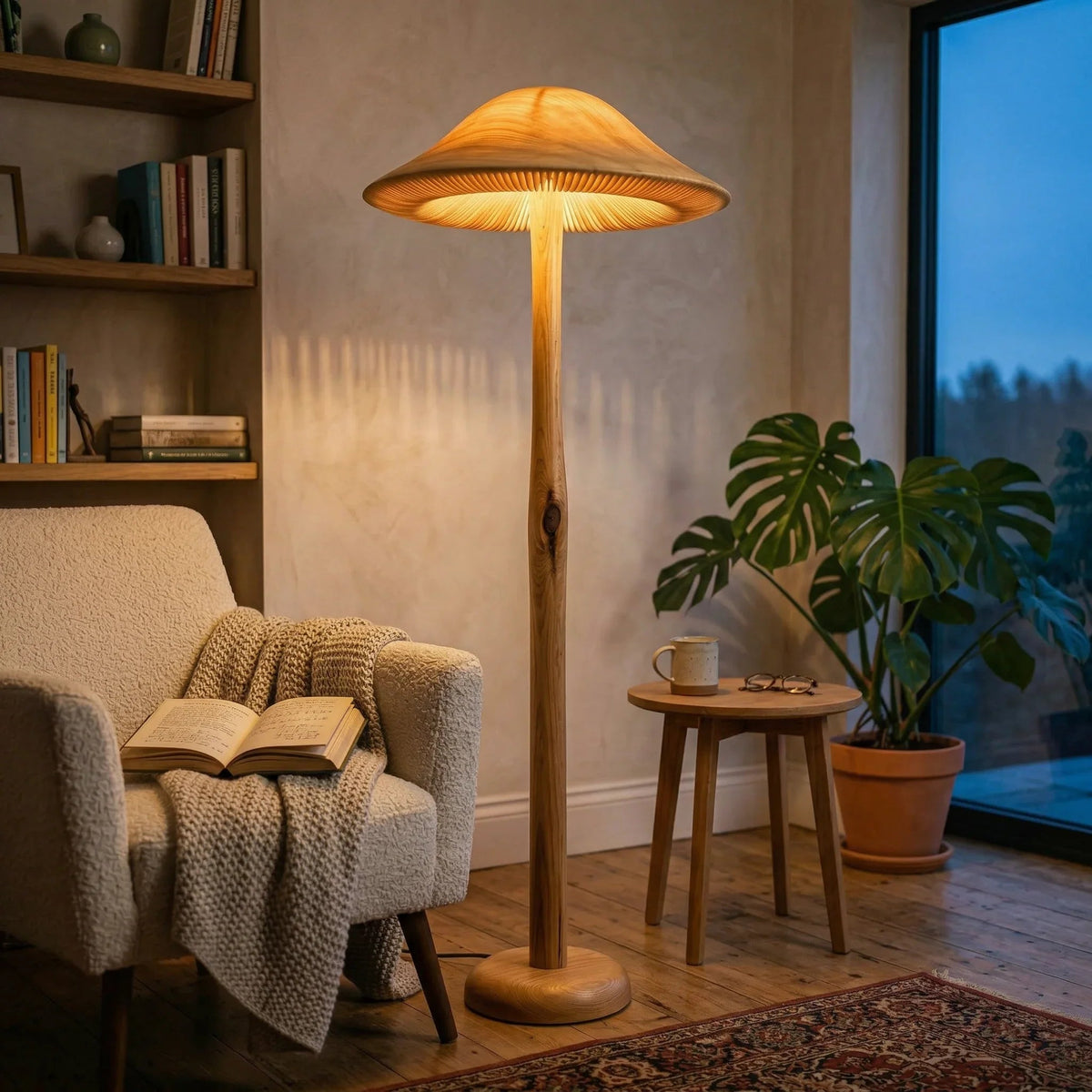Goldene pilzförmige Stehlampe mit Holzstiel in einem gemütlichen Wohnzimmer