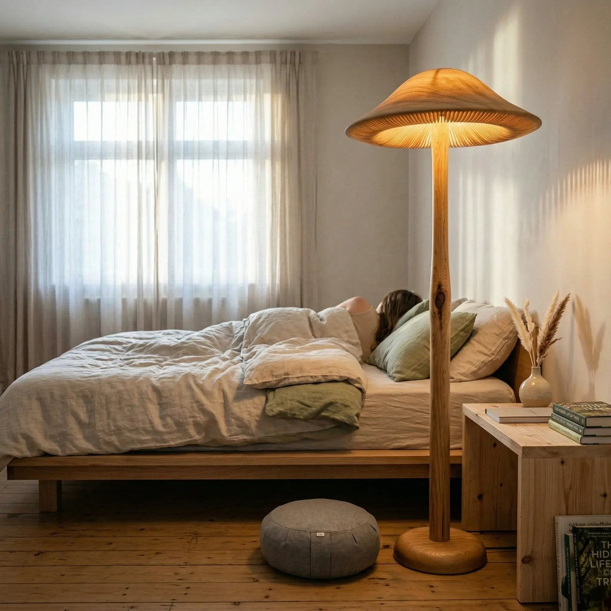 Goldene Pilz-Stehlampe mit Holzfuß in einem gemütlichen minimalistischen Schlafzimmer