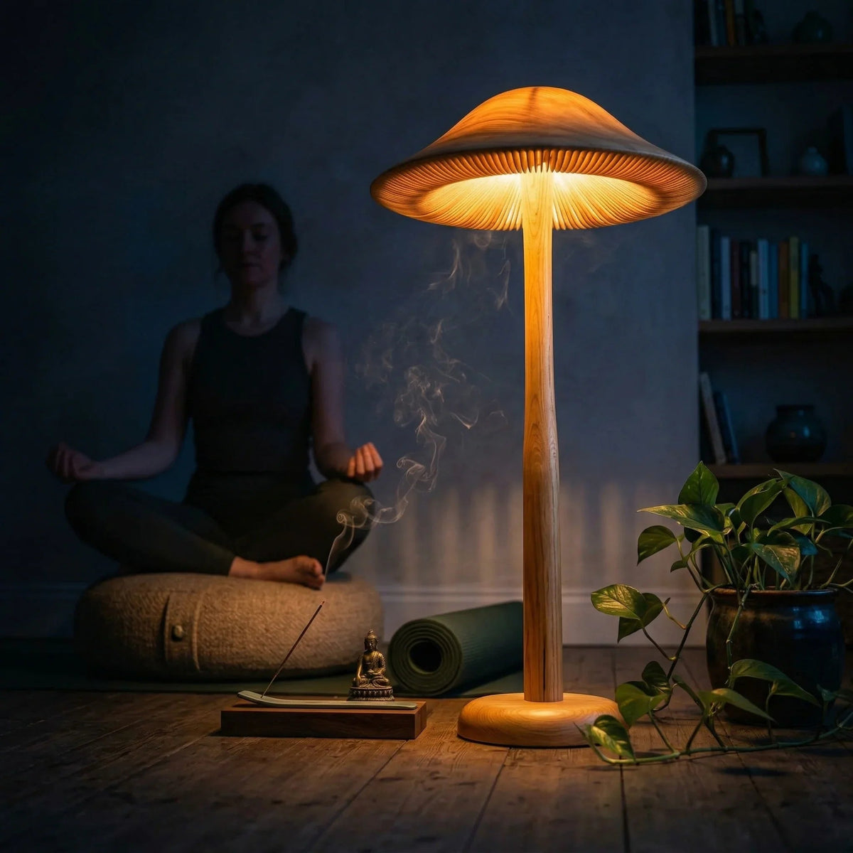 Goldene transluzente Pilz-Stehlampe mit Holzfuß, Meditationsumgebung, Zimmerpflanze