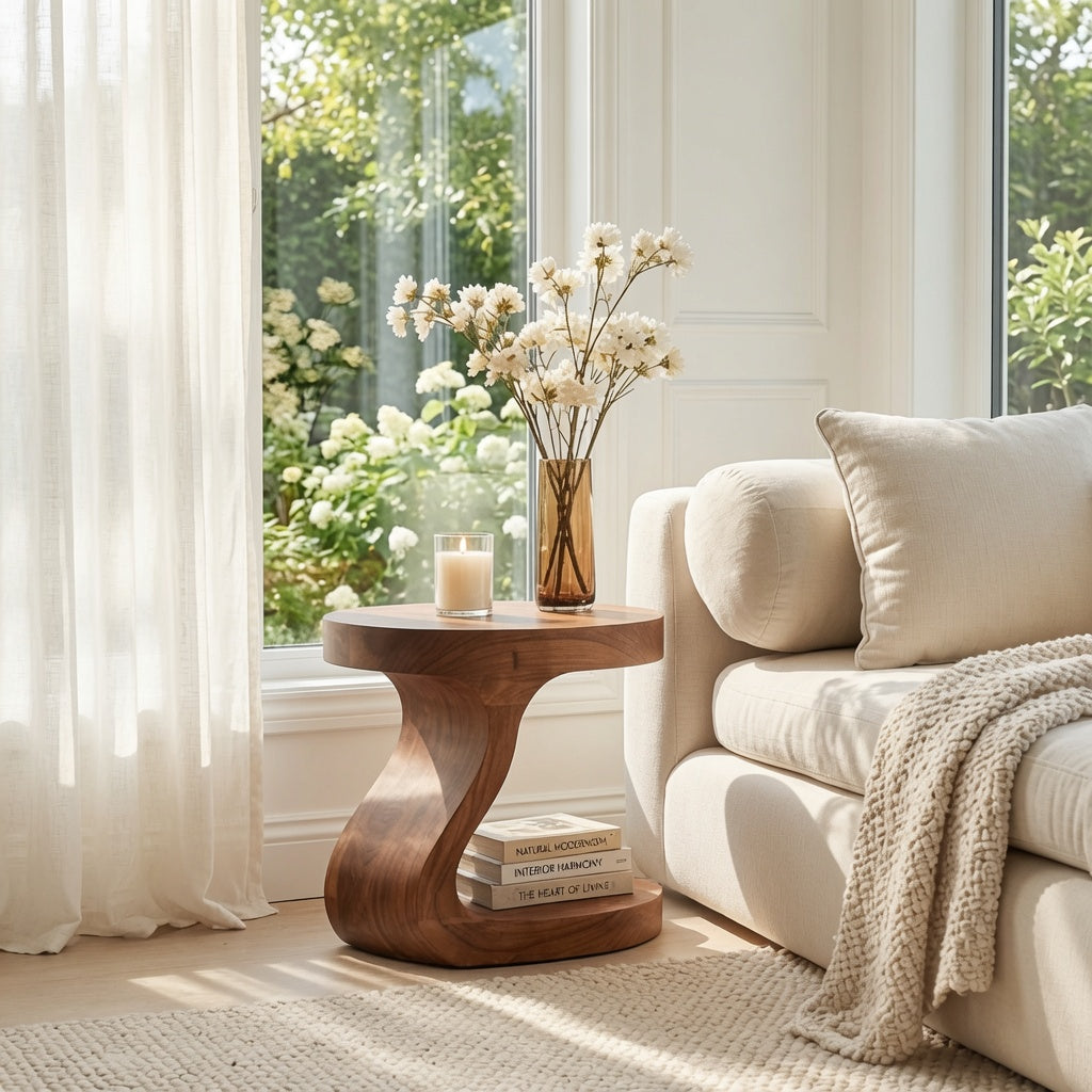 Zeitgenössischer Akzenttisch aus Holz in einem eleganten Apartment-Interieur