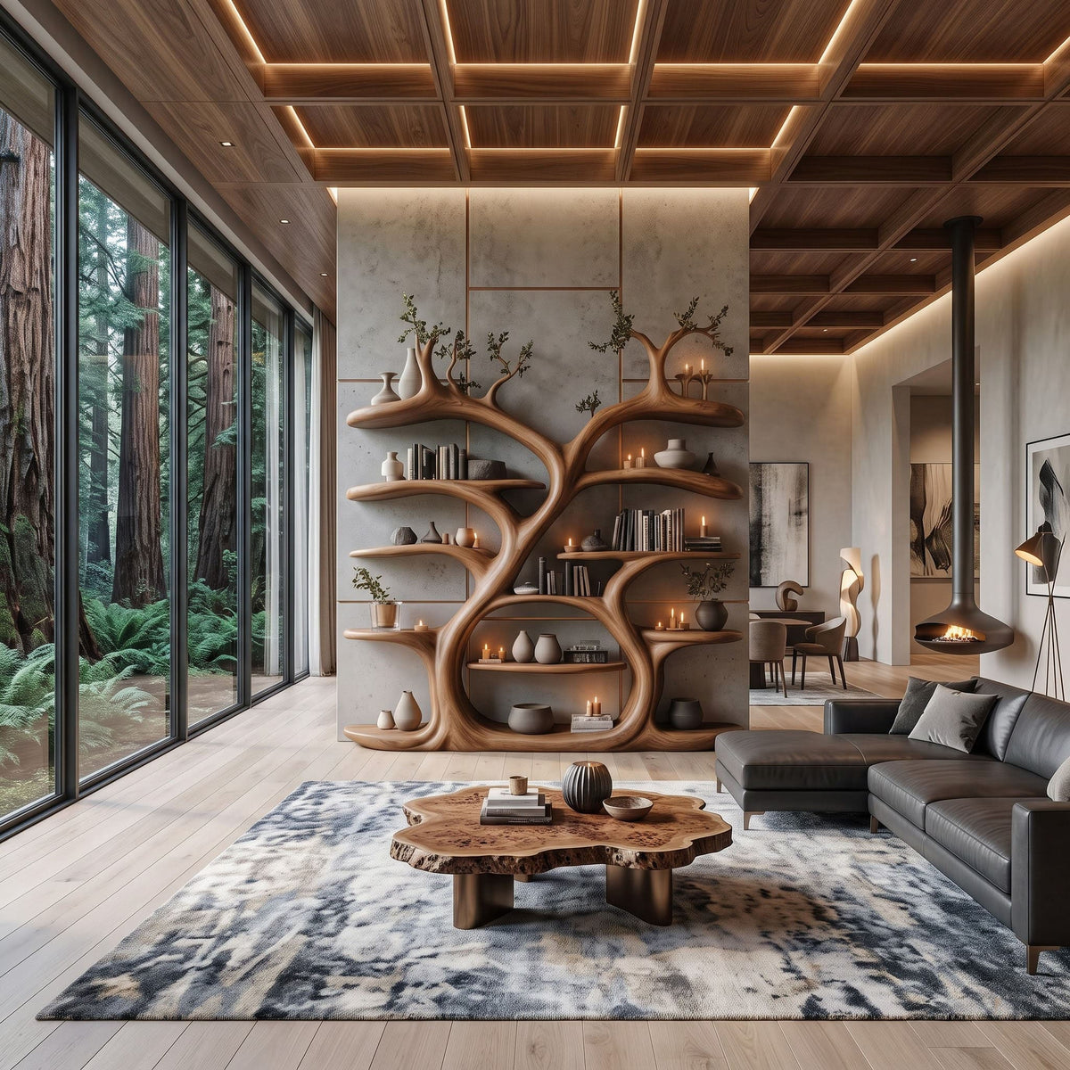 Große Baumkronen-Bücherregalwand aus Holz – Skulpturale Bibliothek vom Boden bis zur Decke