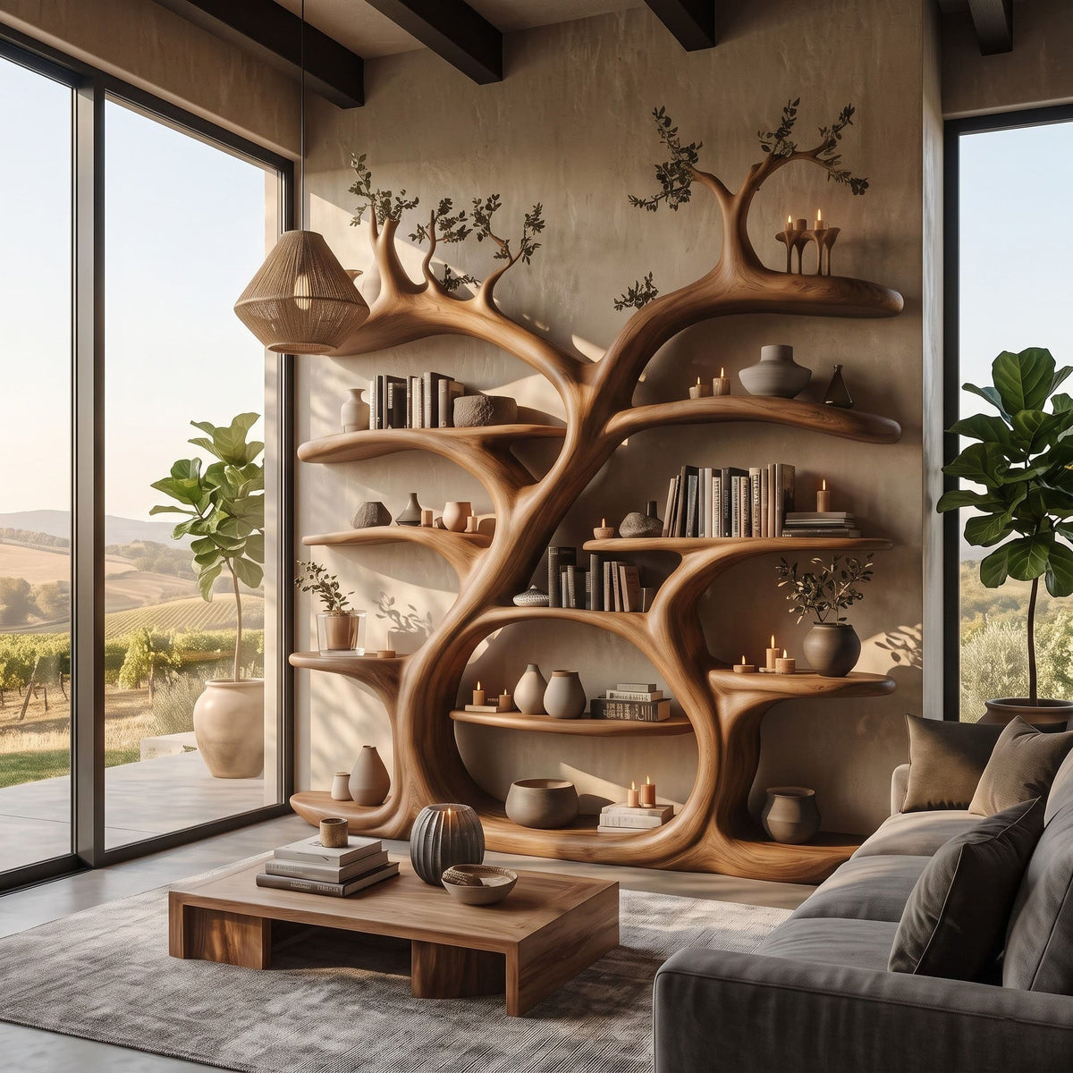 Große Baumkronen-Bücherregalwand aus Holz – Skulpturale Bibliothek vom Boden bis zur Decke