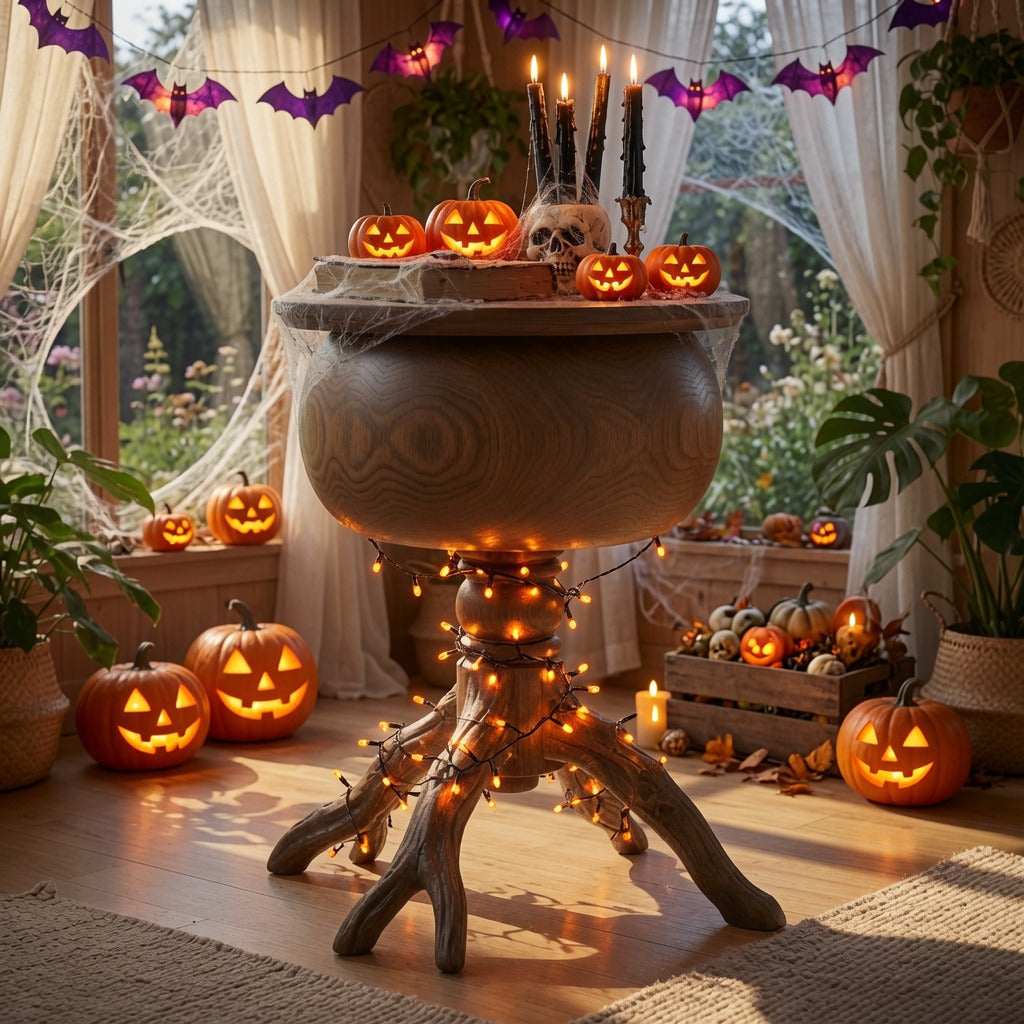 Organischer Halloween-Beistelltisch aus Massivholz in einem modernen Landhaus-Umfeld