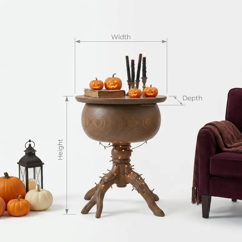 Halloween-Kessel-Beistelltisch aus Massivholz mit Baumwurzel – Schaurig-skulpturaler Beistelltisch