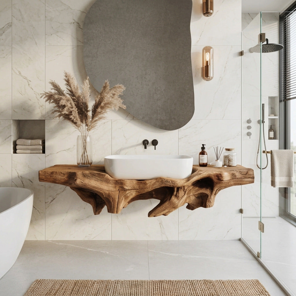 Moderner schwebender Waschtisch aus Massivholz, gestylt in einem minimalistischen Badezimmer