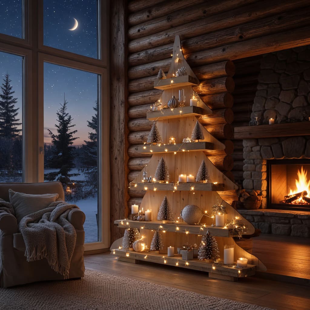 Modernes Weihnachtsbaum-Bücherregal, das einem minimalistischen Wohnbereich Wärme verleiht