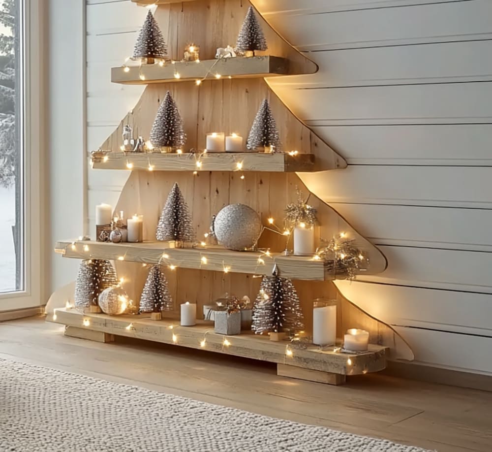 Künstlerisches Weihnachtsbaum-Bücherregal aus Massivholz