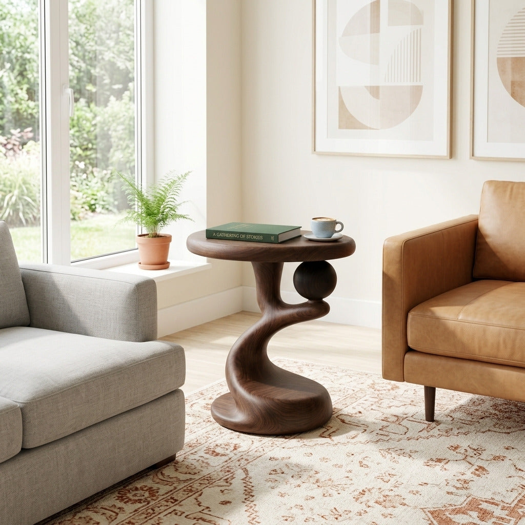 Skulpturaler Beistelltisch aus Massivholz neben einem gemütlichen Sofa