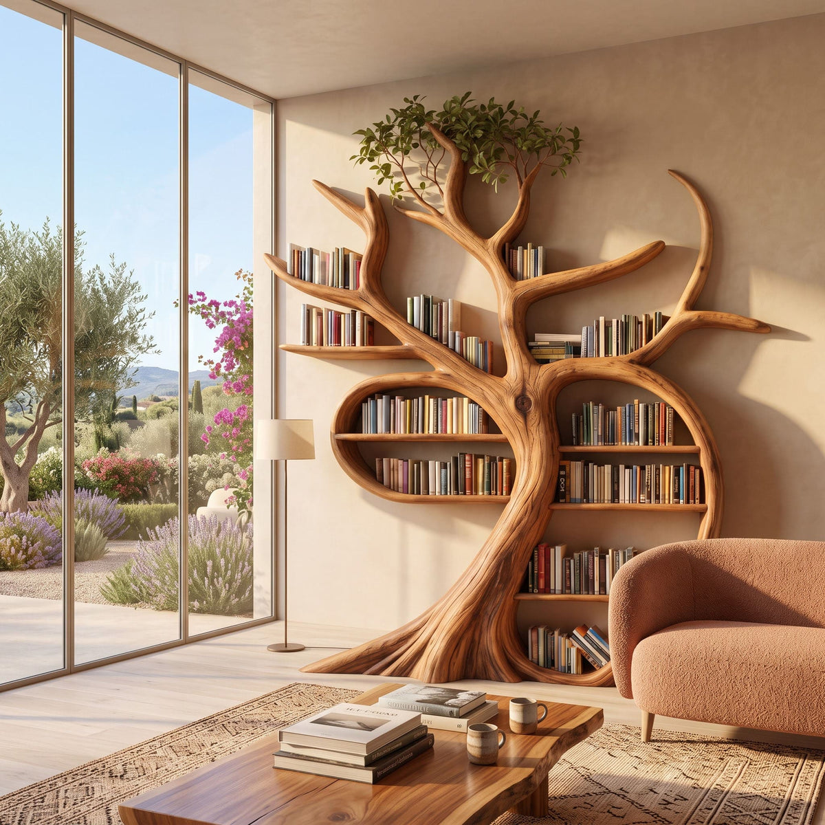 Skulpturale Baum-Wandbibliothek aus Naturholz für eine offene Arbeitsnische
