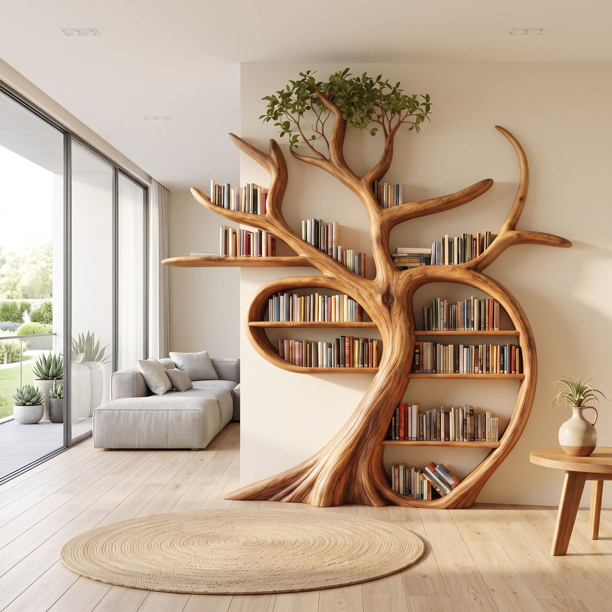 Handwerkliches Baum-Bücherregal aus Massivholz, das die Akzentwand eines gemütlichen Leseraums aufwertet