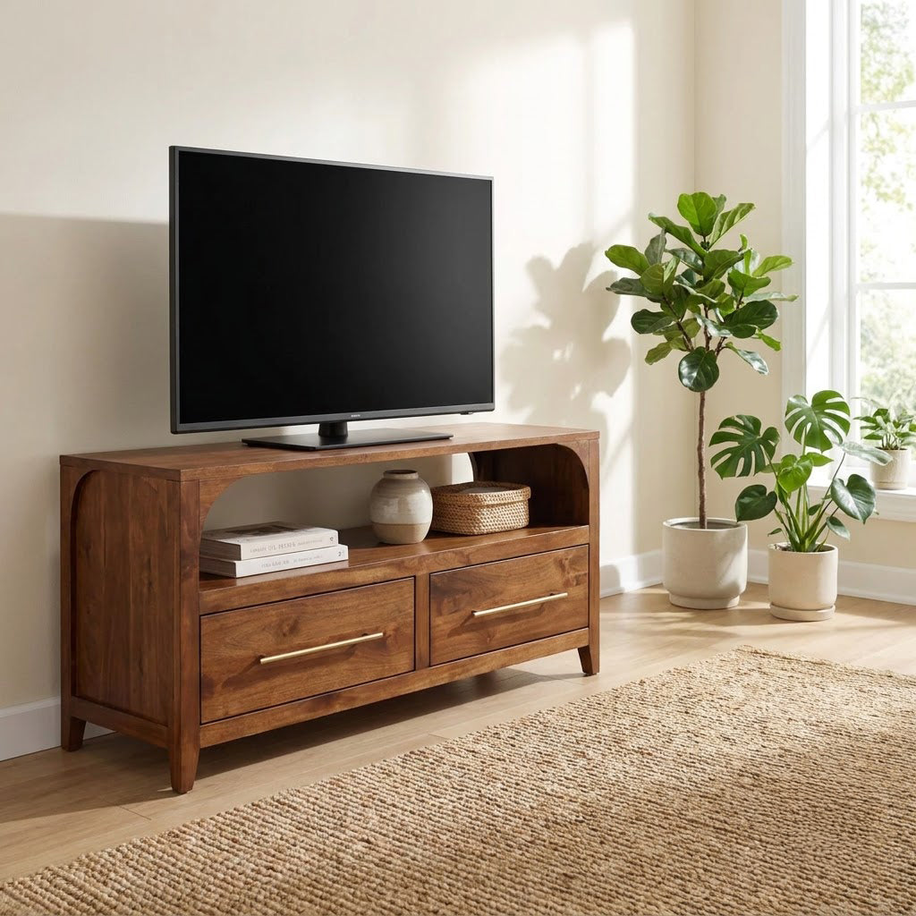 TV-Lowboard mit Bogen aus Massivholz, präsentiert in einem zeitgenössischen Wohnzimmer