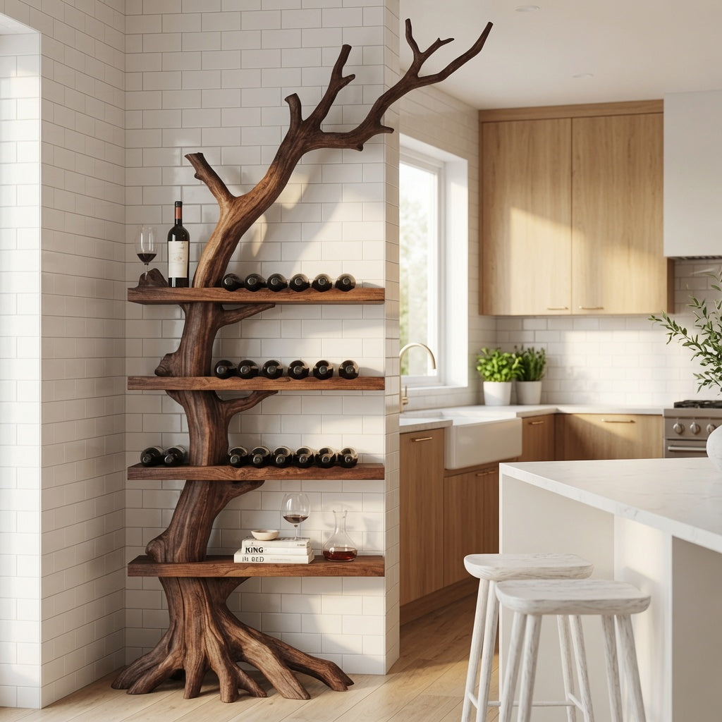 Organisch-modernes Weinregal aus Massivholz in einem zeitgenössischen Esszimmer