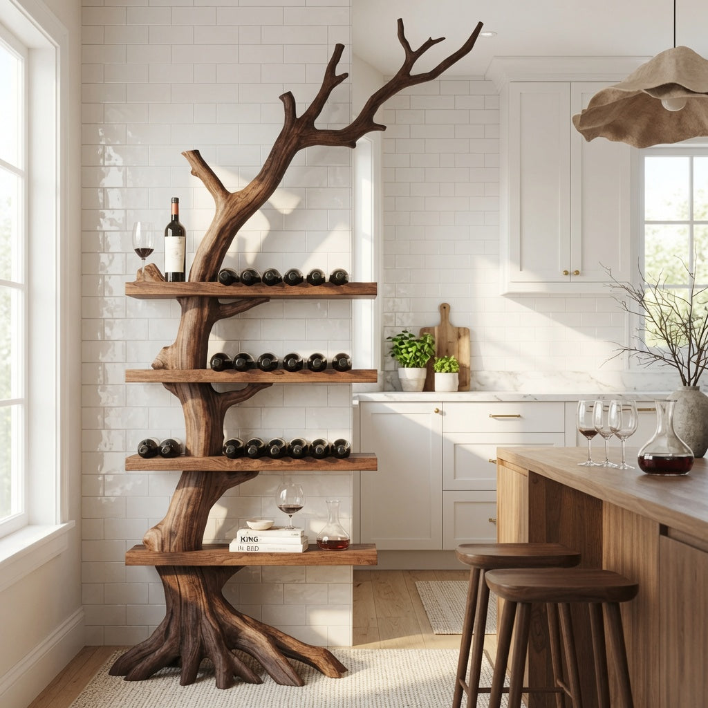 Skulpturales Holz-Weinregal aus Massivholz
