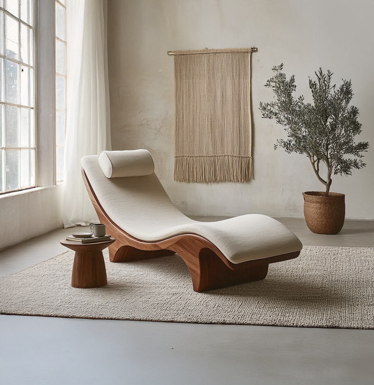 Handgefertigtes geschwungenes Holz-Tagesbett für Leseecke oder Spa-Lounge
