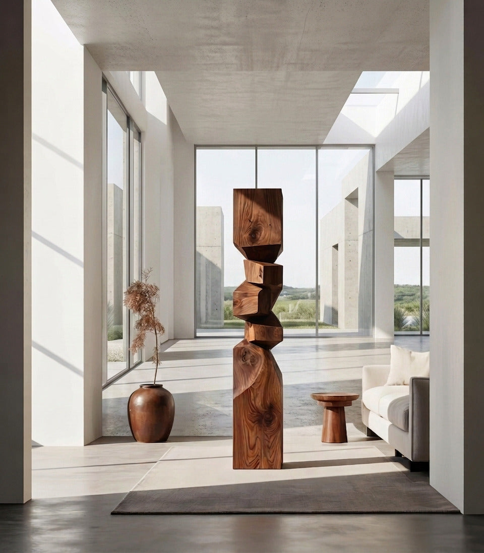 Handgefertigte gestapelte Holzskulptur in einem minimalistischen Wohnzimmer