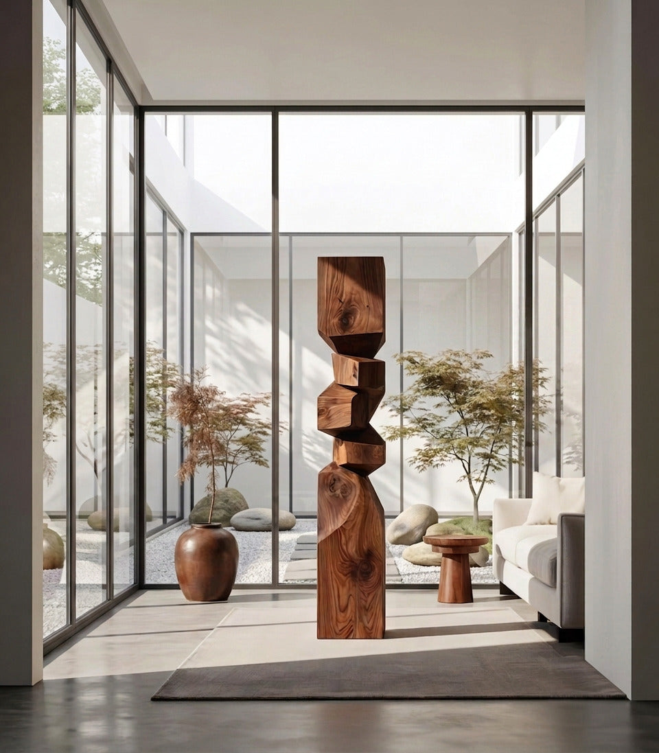 Handwerkliche geometrische Holzskulptur, die ein luxuriöses Interieur aufwertet