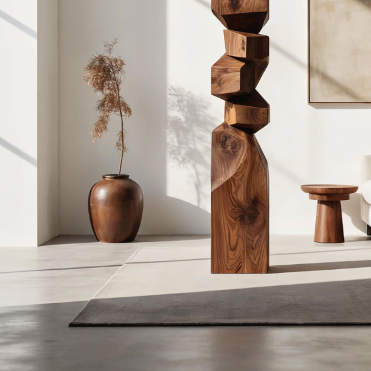 Handwerkliche gestapelte Holzskulptur im geometrischen Design