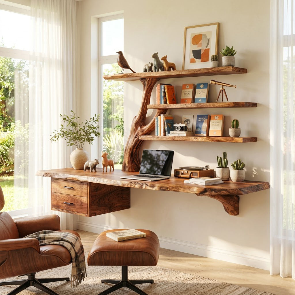 Handgefertigter schwebender Baumkanten-Schreibtisch aus Massivholz mit Astregal-Wandbücherregal in einem modernen Homeoffice