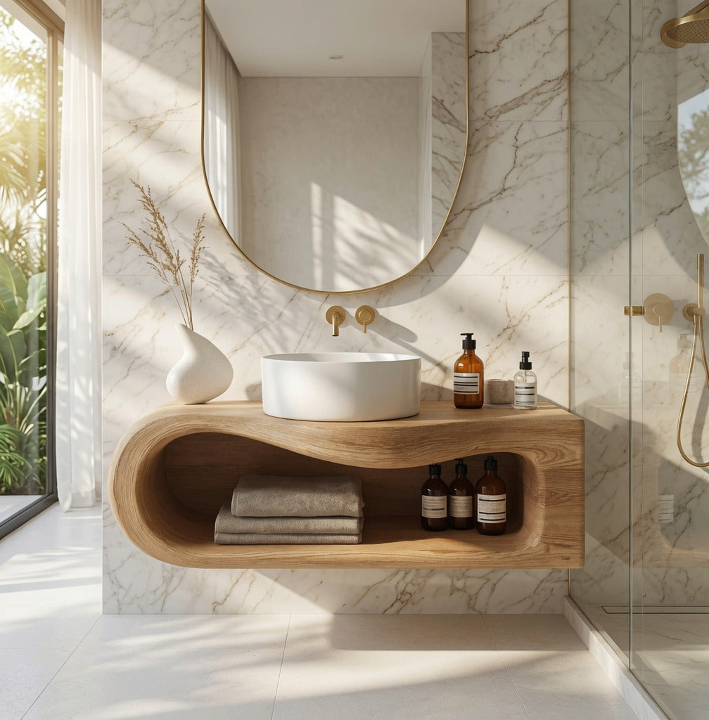 Wandregal aus Holz mit natürlicher Kante, das Handtücher und Toilettenartikel in einem Spa-inspirierten Bad präsentiert