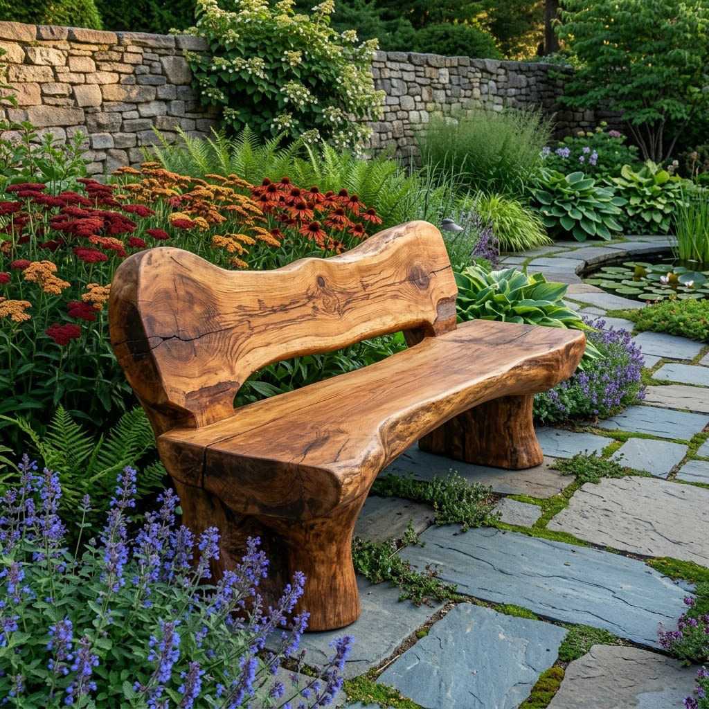 Handgefertigte Baumkanten-Gartenbank und rustikales Outdoor-Sofa aus Massivholz