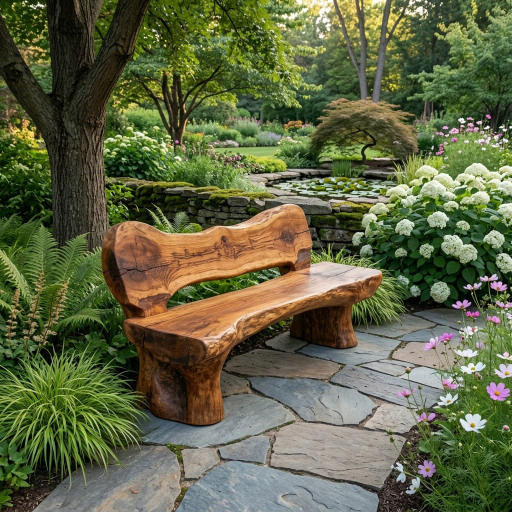 Wabi-Sabi-Baumkanten-Gartenbank aus Massivholz, die eine friedliche Outdoor-Meditationsecke schafft