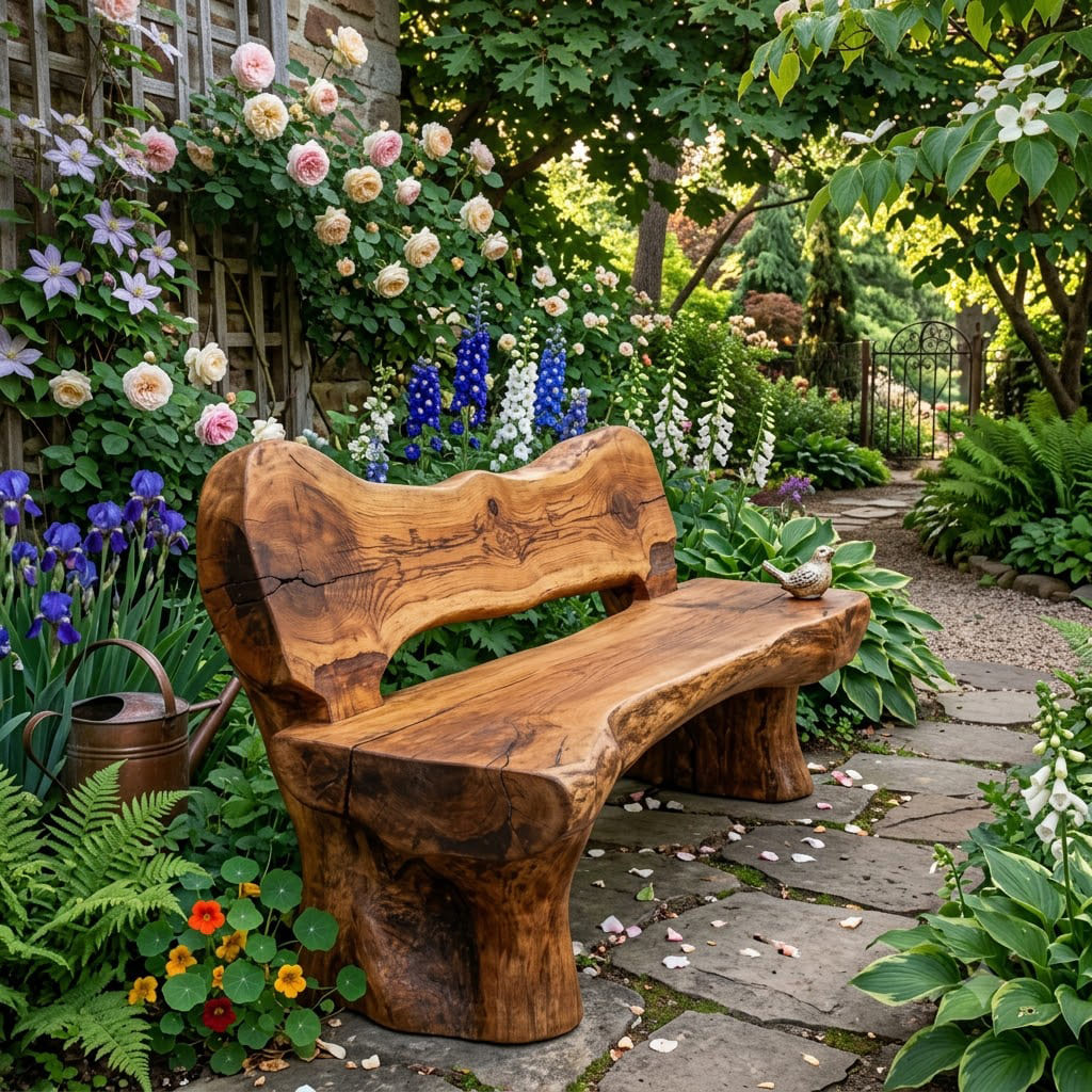 Organisches geschwungenes Outdoor-Sofa aus Naturholz, gestylt neben einem modernen Gartenteich