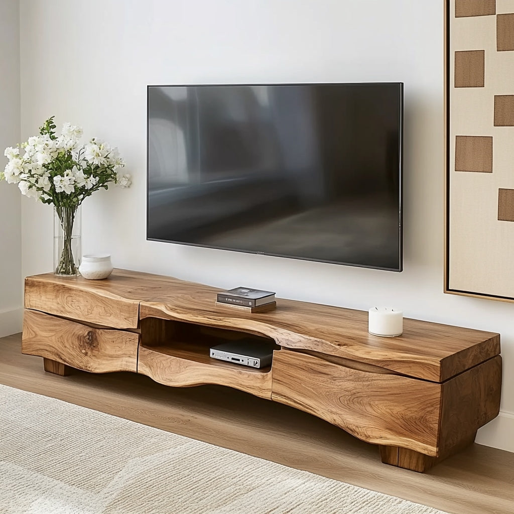 Handgefertigte Baumkanten-TV-Konsole aus hochwertigem Massivholz mit eingebautem Stauraum