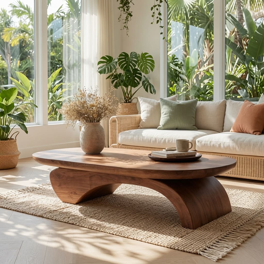Rustikaler Baumkanten-Holz-Couchtisch in Kombination mit einem minimalistischen Sofa