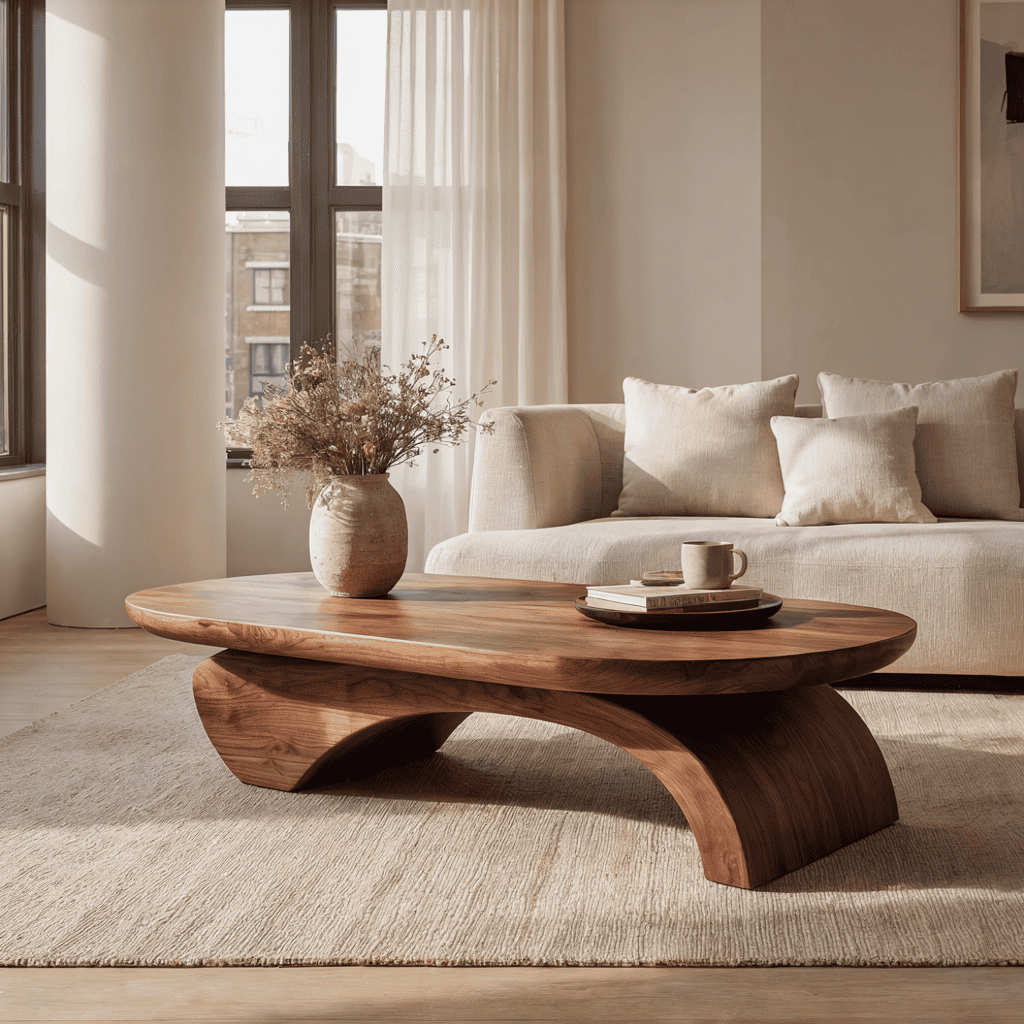 Handwerklicher Baumkanten-Couchtisch mit Büchern und Deko in einer stilvollen Lounge