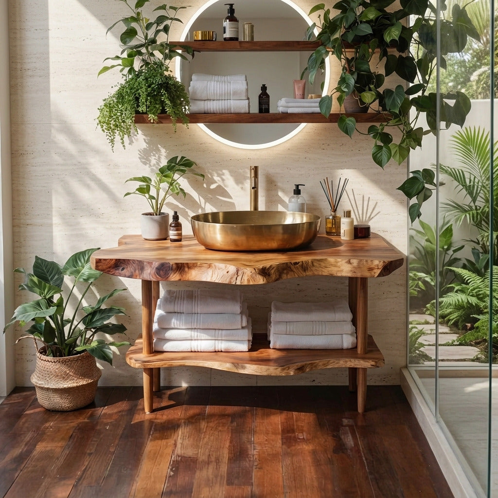 Handwerklicher Holz-Waschtisch, der einem minimalistischen Badezimmer Wärme verleiht
